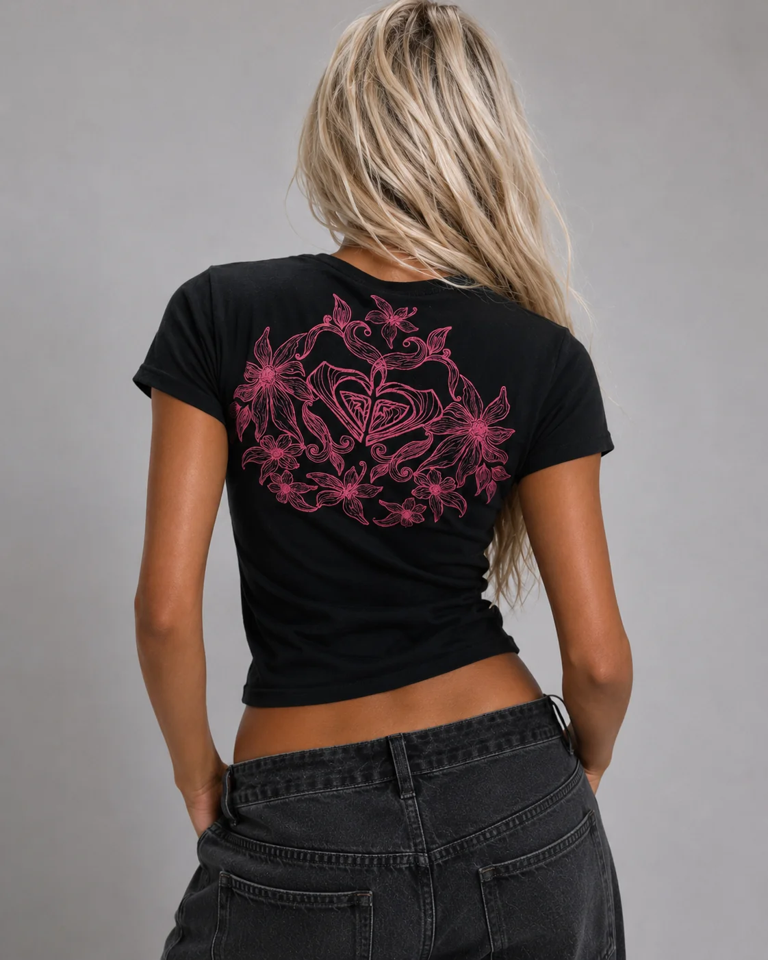 Vintage Y2K Black & Pink Floral Graphic Tee - Image 2