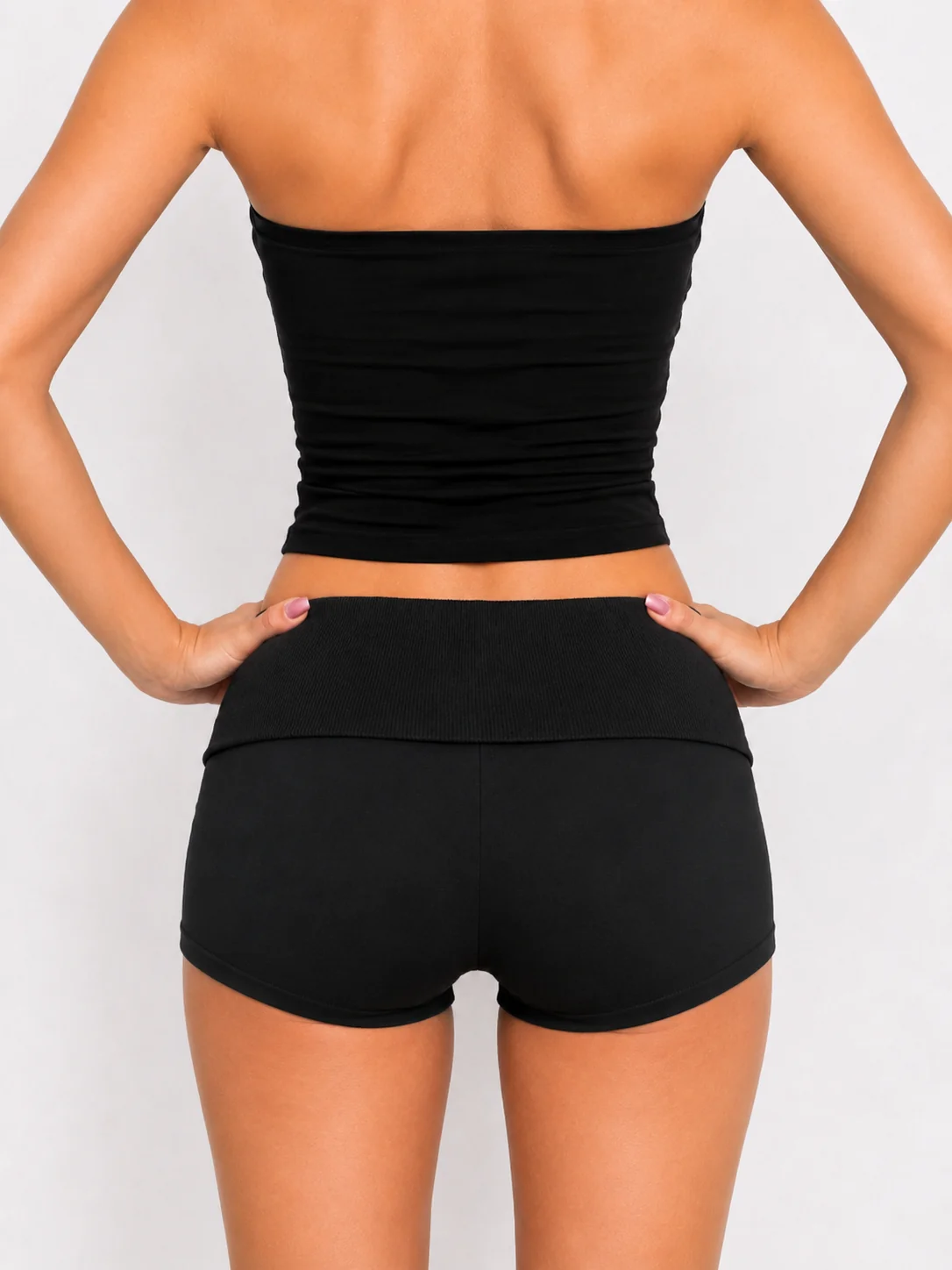 Black Fold Over Rivet Shorts - Image 2