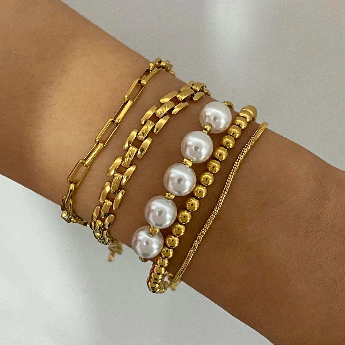 Stainless Steel Pearl Snake Chain Bracelet – White