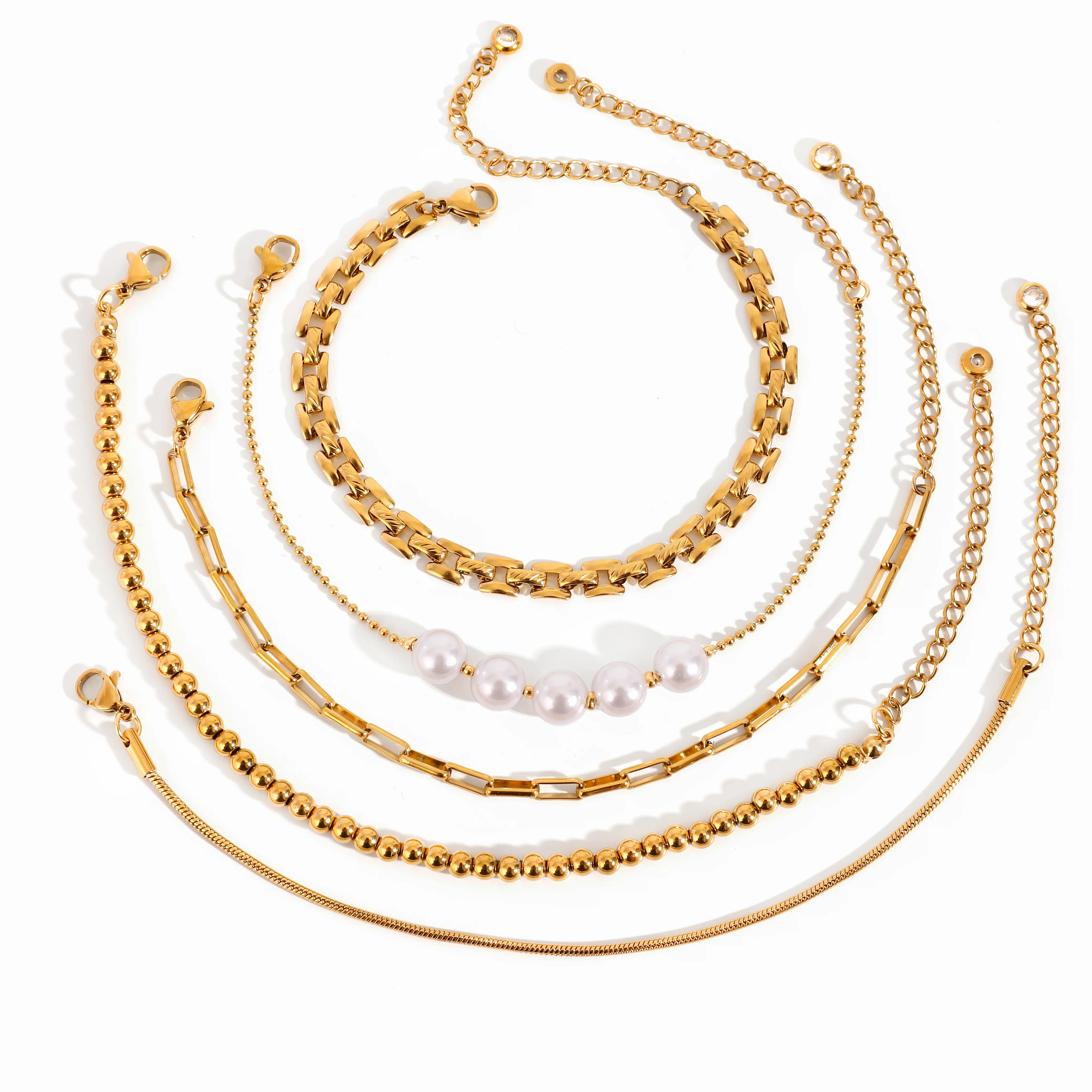 Stainless Steel Pearl Snake Chain Bracelet – White - Image 2