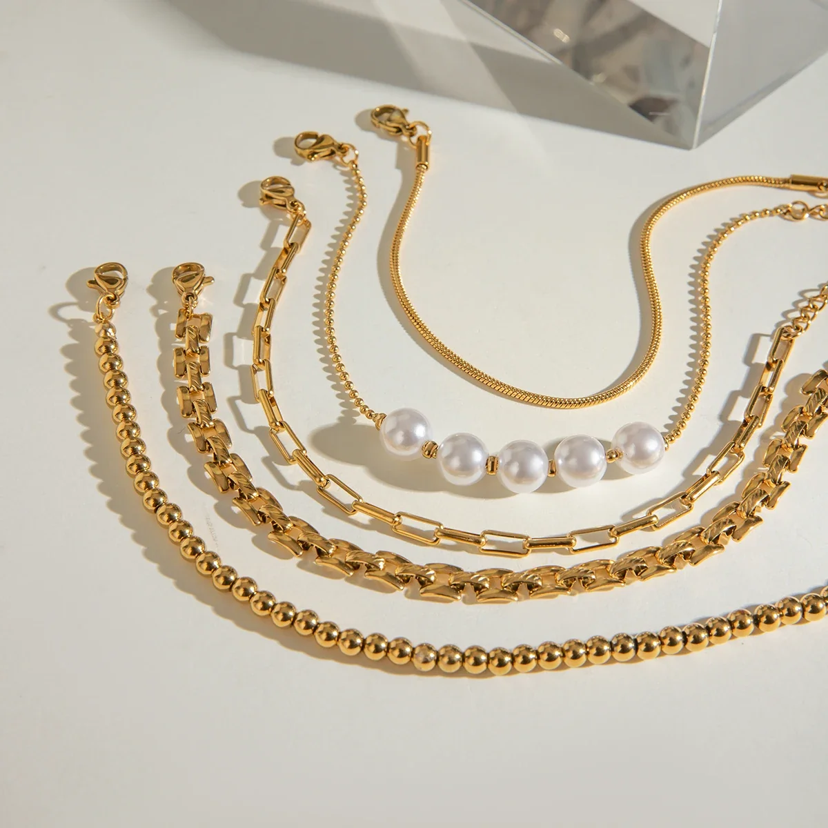 Stainless Steel Pearl Snake Chain Bracelet – White - Image 3