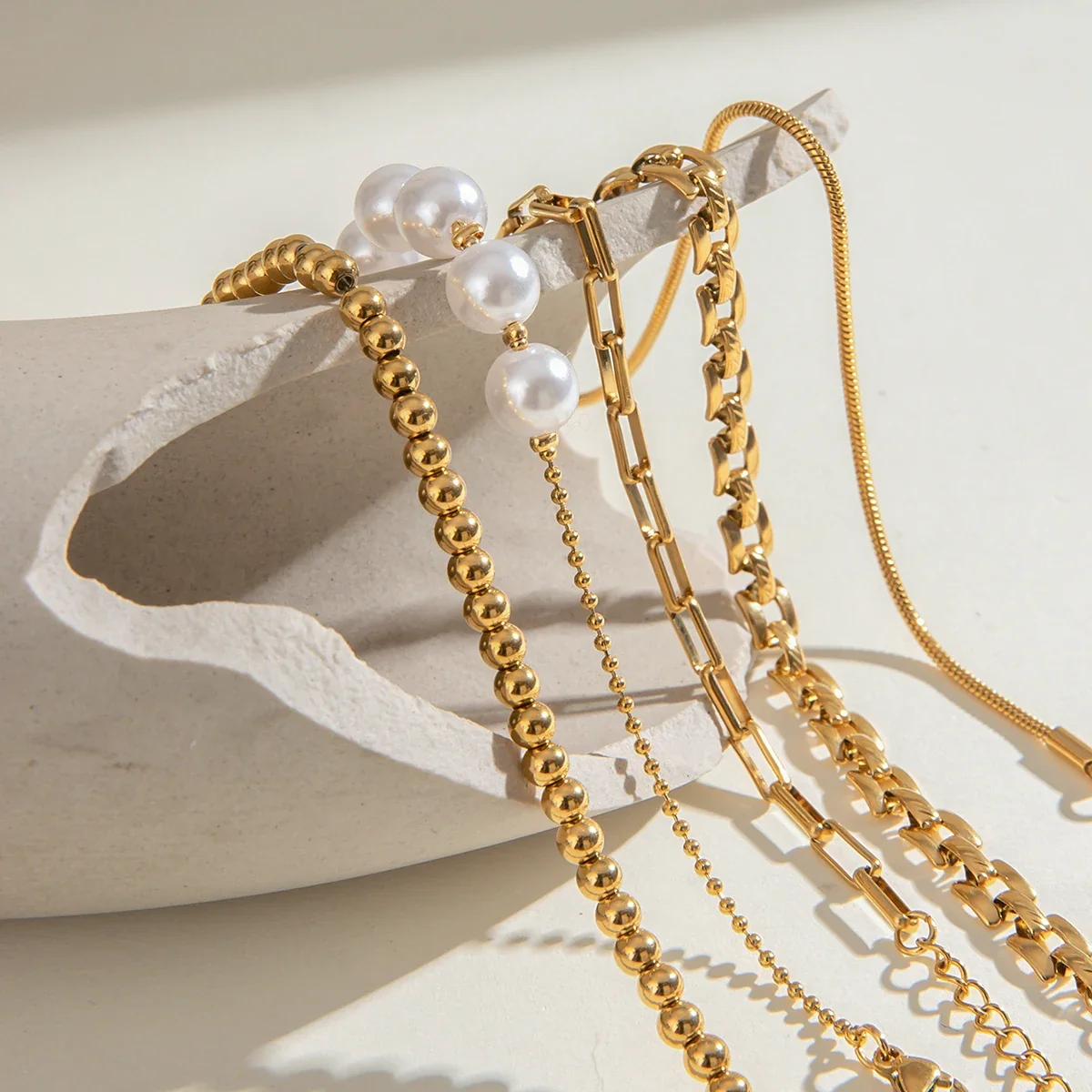 Stainless Steel Pearl Snake Chain Bracelet – White - Image 4
