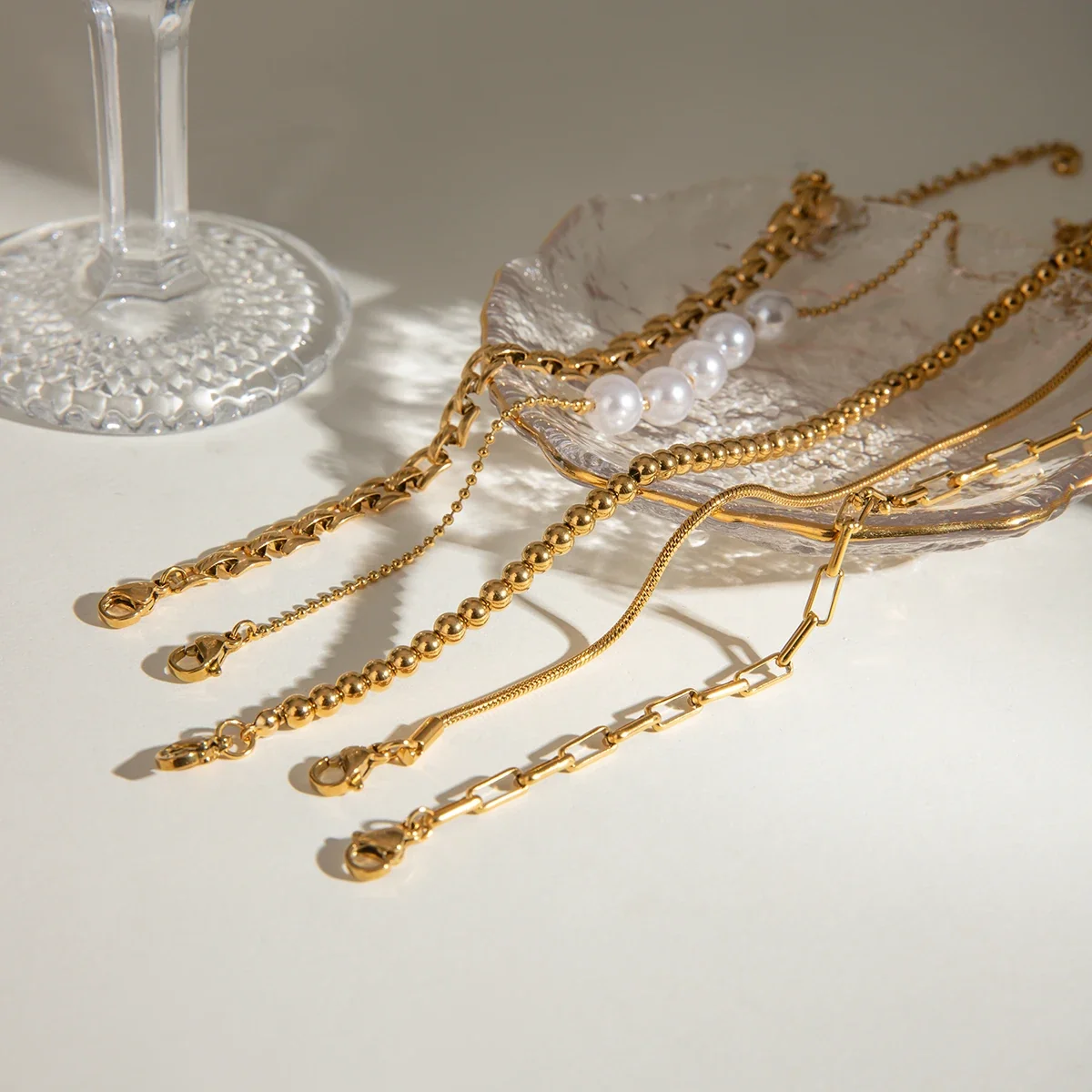 Stainless Steel Pearl Snake Chain Bracelet – White - Image 6