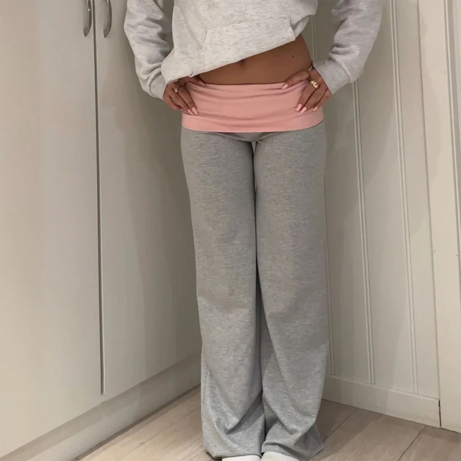 Low Waisted Fold Over Sweatpants – Gray Trousers & Joggers - Image 4