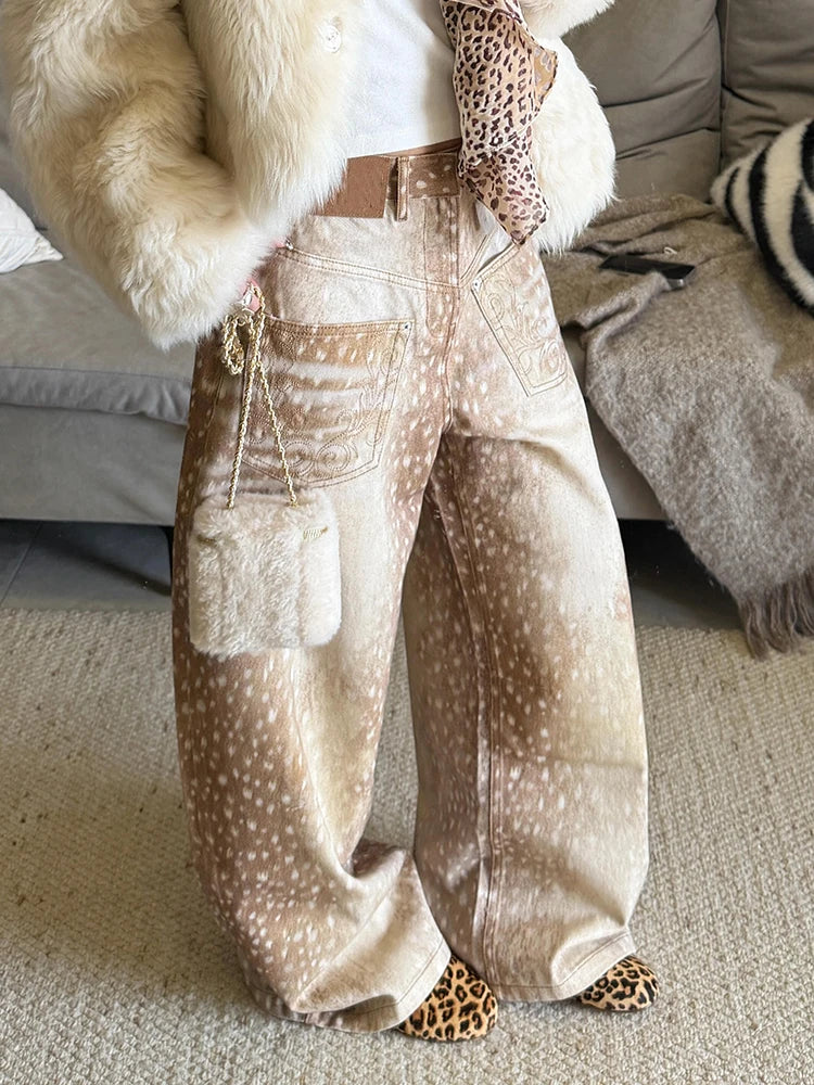 High Waist Deer Print Jeans