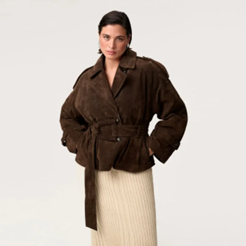 Brown Suede Trench Coat Jacket - Image 10