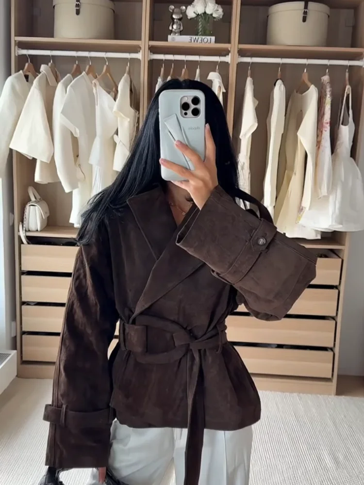 Brown Suede Trench Coat Jacket - Image 2