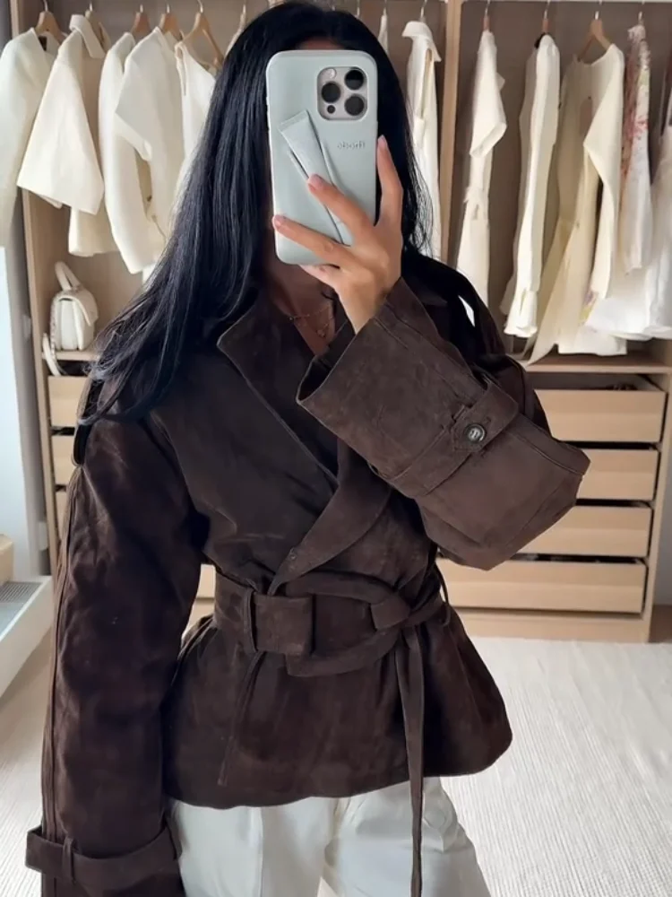 Brown Suede Trench Coat Jacket - Image 3
