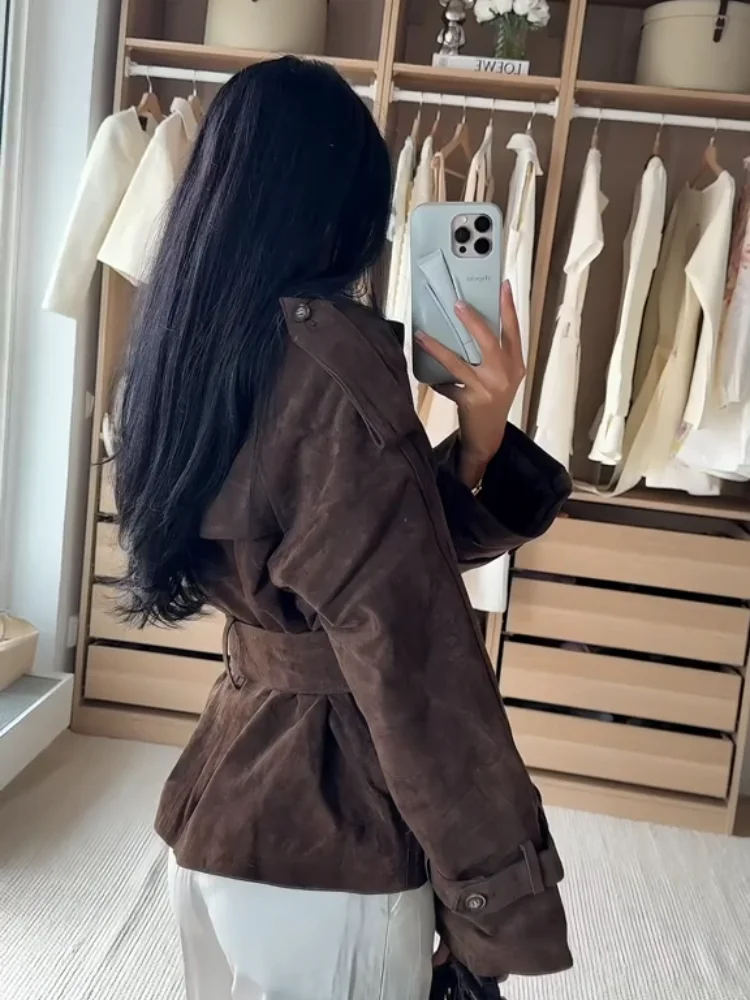 Brown Suede Trench Coat Jacket - Image 4