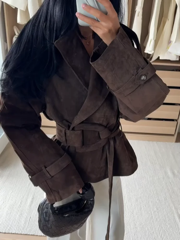 Brown Suede Trench Coat Jacket - Image 5