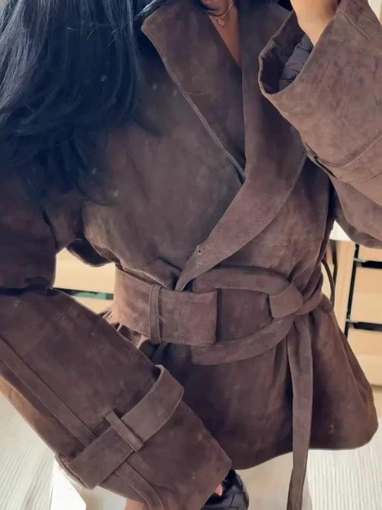 Brown Suede Trench Coat Jacket - Image 6