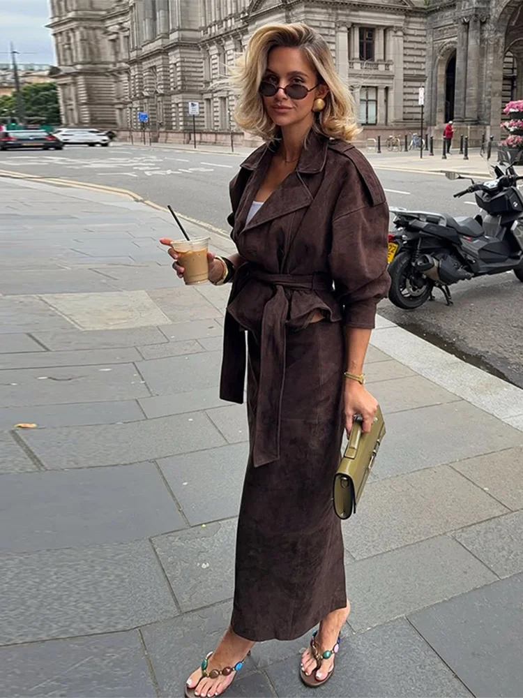 Brown Suede Trench Coat Jacket - Image 7