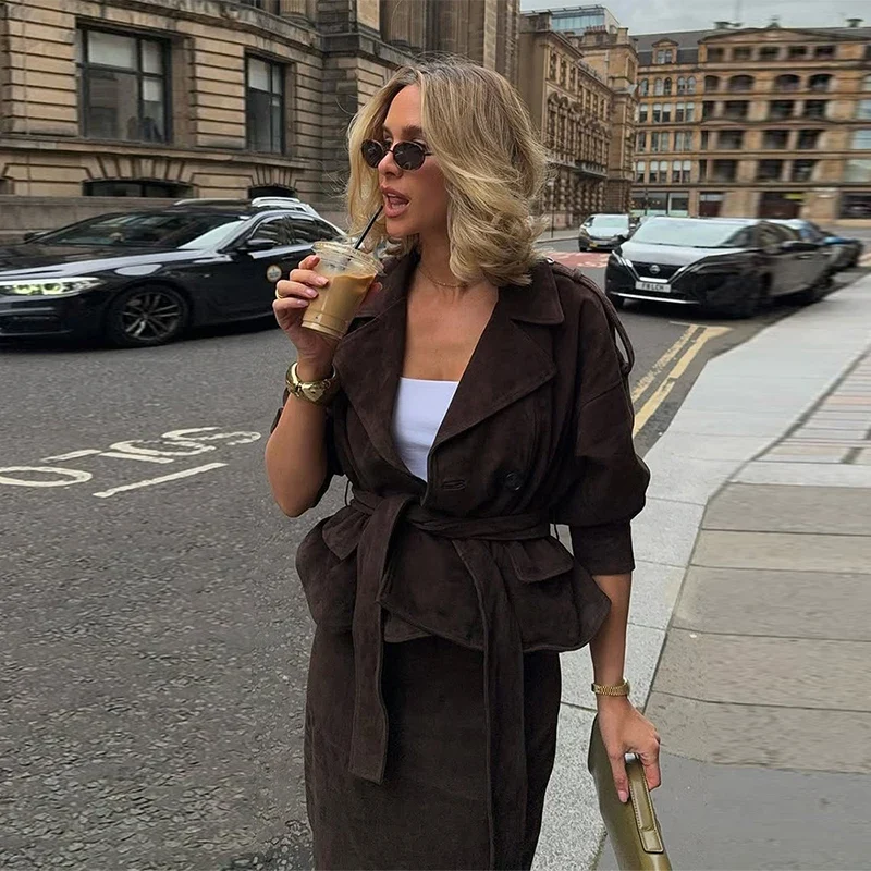 Brown Suede Trench Coat Jacket - Image 8