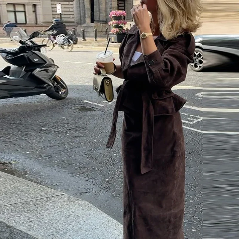Brown Suede Trench Coat Jacket - Image 9