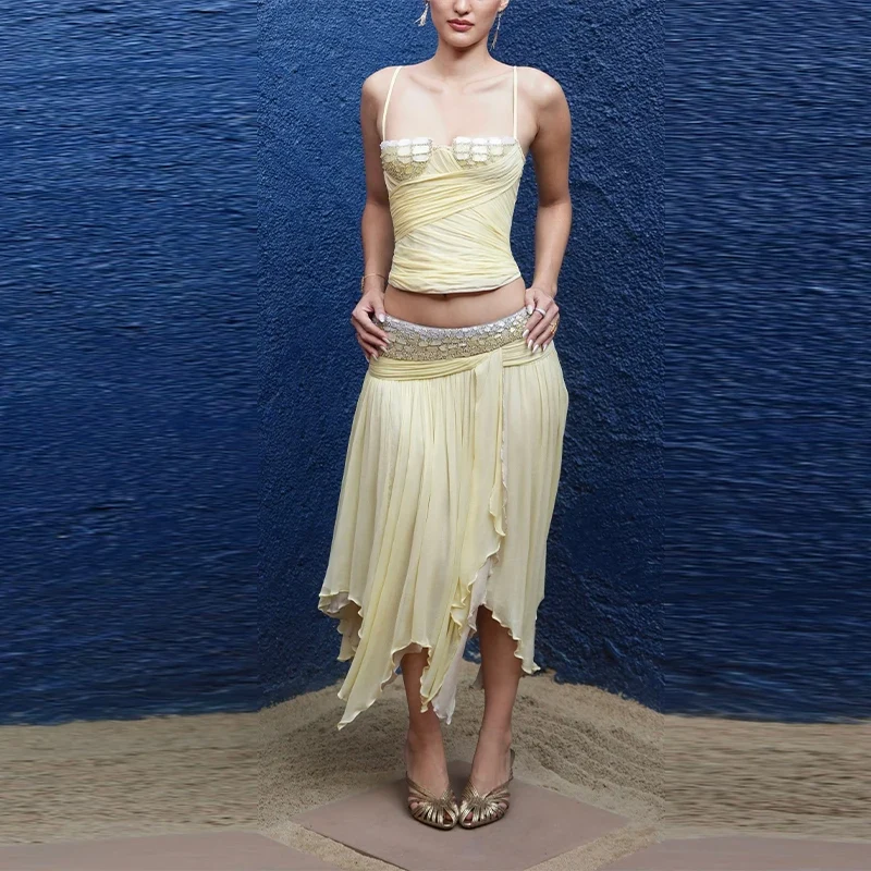 Chiffon Vest Skirt 2 Piece Set – Yellow Co-ords & Sets - Image 4