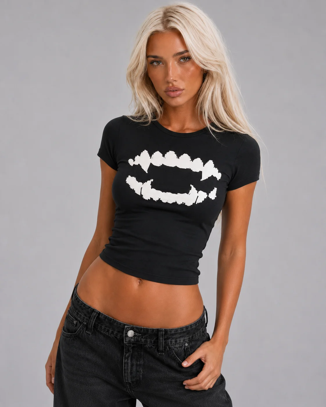 Y2K Black Fang Graphic Fitted T-Shirt - Image 2